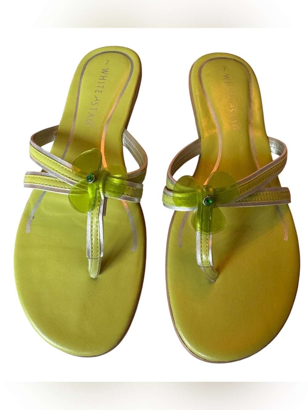 White Stag Vintage Jessica Flip Flop Sandal Size 7 Lime Green & Silver Flower